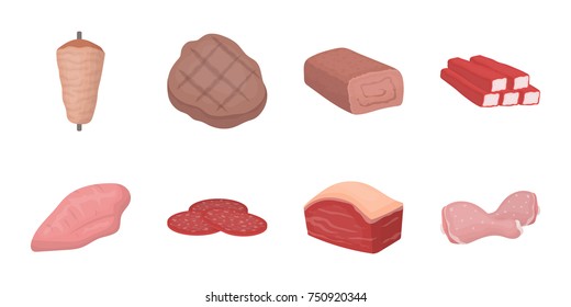 Different meat icons in set collection for design. Meat product vector symbol stock  illustration.