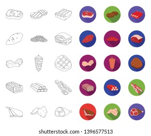 Different meat outline,flat icons in set collection  design. Meat product vector symbol stock web illustration.