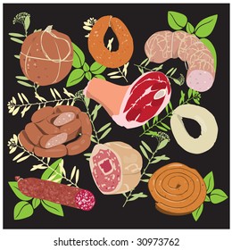 Different meat and sausage products on black background with verdure