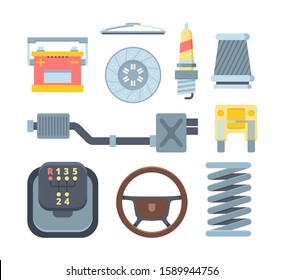 Different mechanical car parts flat illustrations set. Auto spare collection. Wheel cover, battery, spark plug. Mechanic repair equipment. Automotive elements isolated on white background