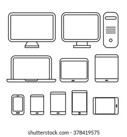 Different media devices collection. Lineart design silhouettes