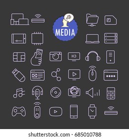 Different media icons vector collection. Web and mobile app outline icons set on dark background