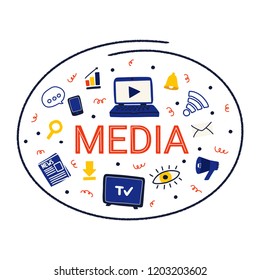 Different media symbols in a circle.  Hand drawn style vector illustration.