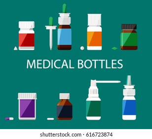 The different medical bottles and flasks placed in a row. Vector illustration. 
