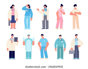 Different medical characters. Man doctors nurse, doctor with mask. Cartoon dentist, male surgeons. Hospital female work, intern utter vector set