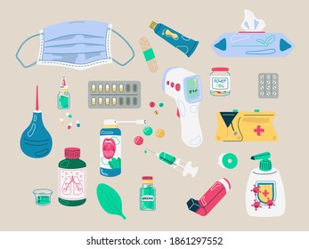 Different medical items. Mask, medicine, pills, thermometer. Medicine or medical store. The drawing is hand-drawn in trendy style. All elements are isolated. 