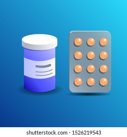 Different medical pills and bottles, healthcare and shopping, pharmacy, drug store. Vector illustration in flat style.