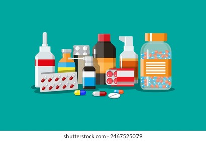 Different medical pills and bottles, healthcare and shopping, pharmacy, drug store. Vector illustration in flat style