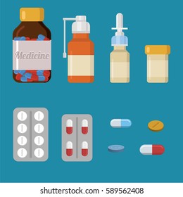 Different medical pills and bottles, healthcare and shopping, pharmacy, drug store. Vector illustration in flat style.