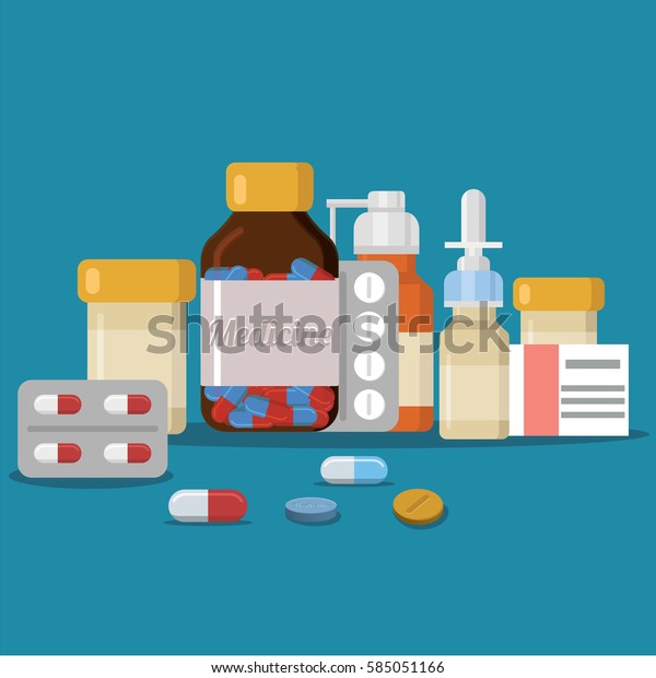 薬剤や瓶 ヘルスケアやショッピング 薬局 ドラッグストアなど さまざまな種類の薬剤 フラットスタイルのベクターイラスト のベクター画像素材 ロイヤリティフリー