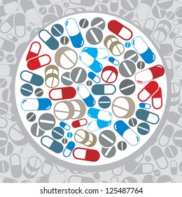 Different medical pills and capsules vector illustration.