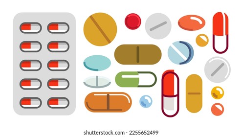 Different medical pills vector simple flat illustrations of icons set isolated on white, meds drugstore concept, apothecary prescription medicaments.
