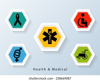 Different medical signs and symbols with stylish text on blue background. 