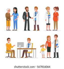 Different medical staff with their patients. Vector medicine illustration