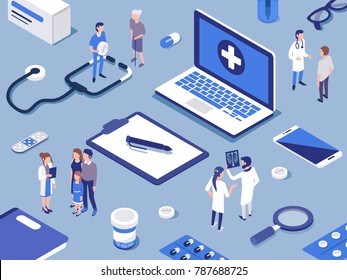 Different medical staff with their patients.  Healthcare concept. Flat isometric  vector illustration. 