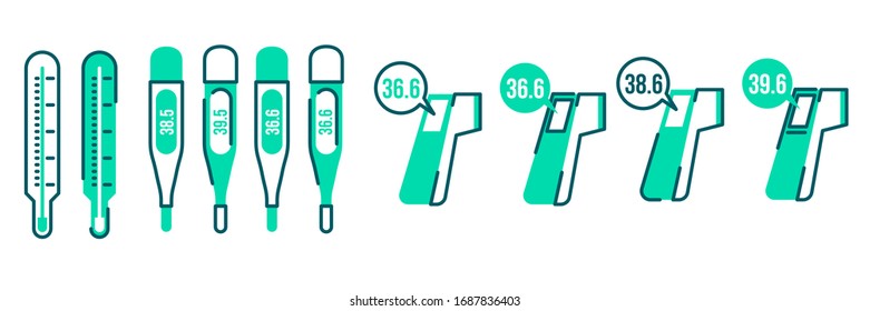 termómetro médico diferente con iconos de línea de alta y normal para el diseño web aislado en fondo blanco.