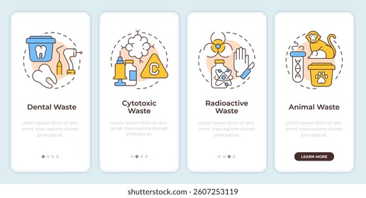 Different medical waste onboarding mobile app screen. Toxic garbage. Walkthrough 4 steps editable graphic instructions with linear concepts. UI, UX, GUI
