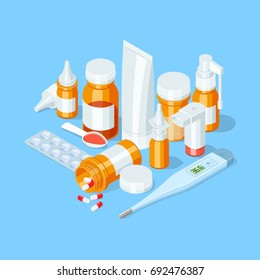 Different medicaments, healthcare and shopping, pharmacy, drug store. Isometric vector illustration