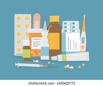 Different medicaments on the table. Pills, ointments, sprays and drugs. Medical concept for pharmacy or drug store. Flat vector illustration. 