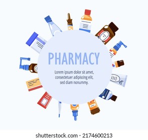 Different medications around circle in packages and bottles, with a dropper or spray.Flat vector illustration isolated on white background.With space for text,design for flyers,commercials and posters