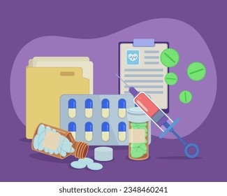 Diferente medicina en frascos y píldoras de ilustración vectorial. Informe médico y documentos, jeringa de vacuna, tratamiento médico recetado para diferentes enfermedades. Farmacia, medicina, concepto de salud
