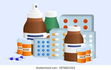 Different meds in various packages. Pills, capsules blisters and glass bottles with liquid medicine. Concept of drug medication. Flat cartoon vector illustration