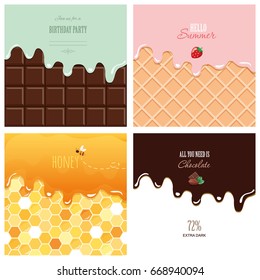 Different melted textures set. Cream on the chocolate bar, ice-cream on the wafer, honey on the honeycomb. Cute design with sample text.