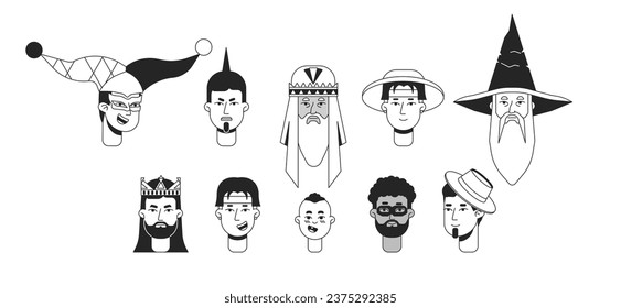 Diferentes hombres se enfrentan a una cabeza monocromática de carácter lineal. Arquetipos de personalidad. Icono de la cara humana dibujado a mano de esquema modificable. Ilustración de avatar de vector spot de caricatura 2D para animación