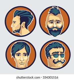 Different Men Hipster Avatar. Flat design style. 