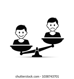 Different men mood on scales, vector icon. Positive attitude as advantage. Happiness versus sadness concept.