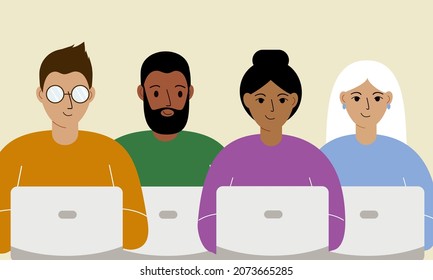Diferentes hombres y mujeres con laptops. Trabajo remoto o comunicación a través de Internet. Ilustración plana vectorial.