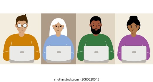 Different men and women with laptops. Remote work or communication over the Internet. Vector flat illustration.