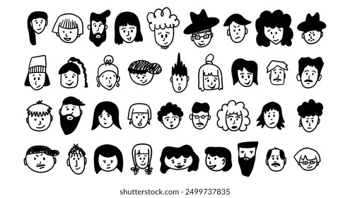 Different men and women portraits. Trendy stylish people avatar, icon, logo. Diverse contemporary cartoon faces set. Outline abstract cute sketch hand drawn collection. Isolated vector illustration
