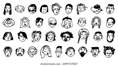 Different men and women portraits. Trendy stylish people avatar, icon, logo. Diverse contemporary cartoon faces set. Outline abstract cute sketch hand drawn collection. Isolated vector illustration