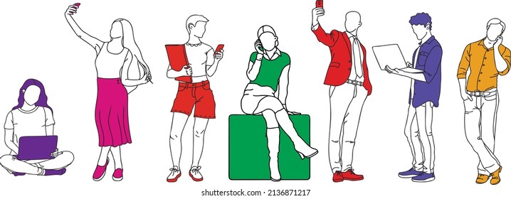 Different men and women use modern technology: cell phones and laptops. Lineart and bright colors.