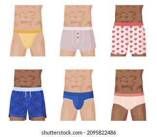 Different Mens Body In Underpants Set Vector Flat Illustration. Diverse Male Torso With Sports Abs Wearing Underwear Various Type And Print Isolated. Front View String, Bikini, Briefs, Trunks, Shorts