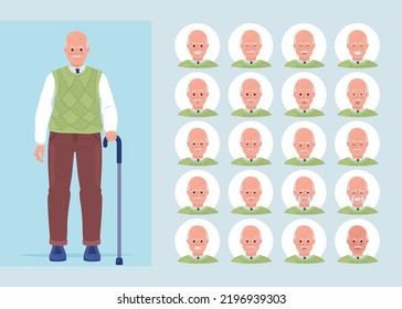 Different mental states of senior man semi flat color character emotions set. Editable facial expressions. Lifestyle vector style illustration for motion graphic design and animation