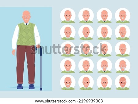Different mental states of senior man semi flat color character emotions set. Editable facial expressions. Lifestyle vector style illustration for motion graphic design and animation