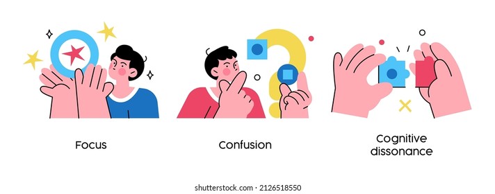 Different Mental States - Set Of Abstract Concept Illustrations. Focus, Confusion, Cognitive Dissonance. Visual Stories Collecction.