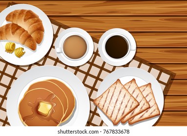Menú diferente para el desayuno en ilustración de mesa de madera