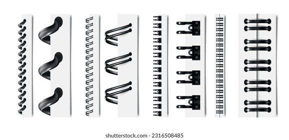 Different metal binders monochrome collection for office documents and folders at white background isolated vector illustration