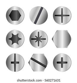 Different metal bolt and screw head types
