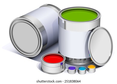 the different metal cans with colorful paint