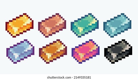 Different metal ingots pixel art set. Crafting material, metallurgy collection. 8-bit sprite. Game development, mobile app.  Isolated vector illustration.