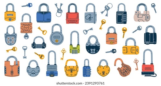 Different Metal Locks and Key as Mechanical Fastening Device Vector Set