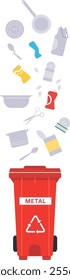 Different metal objects, including cans, pans, and utensils, are falling into a red recycling bin labeled metal, emphasizing the importance of metal recycling for environmental sustainability