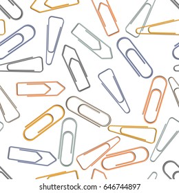 A lot of different metal paper clips on white background, seamless pattern