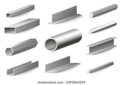 Different metal profiles construction materials realistic set isolated on white background. Stainless steel beam tube, armature, pipe, joist and girder vector illustration