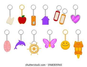 Different metallic keychains vector illustrations set  Collections keyrings  cute objects chain  tooth  apple  cat  heart  house isolated white background  Souvenir  trinket  property concept