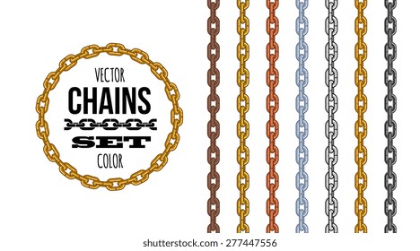 Different metallic material and color style chains set, cartoon vector illustration. Design for stickers, logo, web and mobile app.